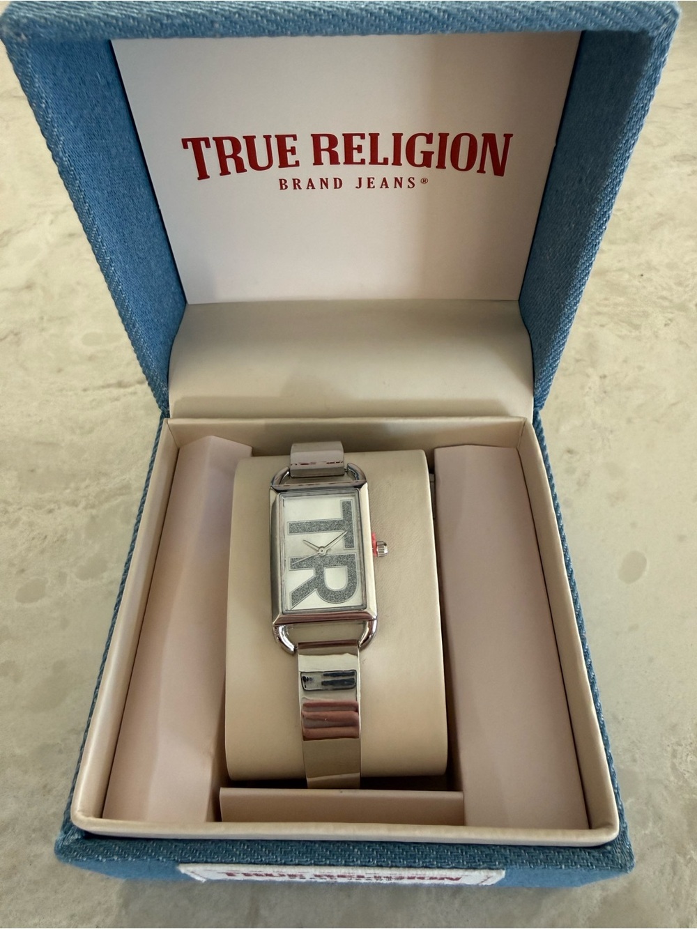 True Religion Women's TR Logo Silver Cuff Bracelet Watch Rectangle Dial New